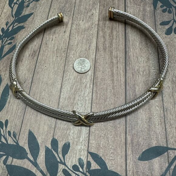 Silver Cable Torque Necklace Gold X Accents 16 In B2 - Picture 1 of 2
